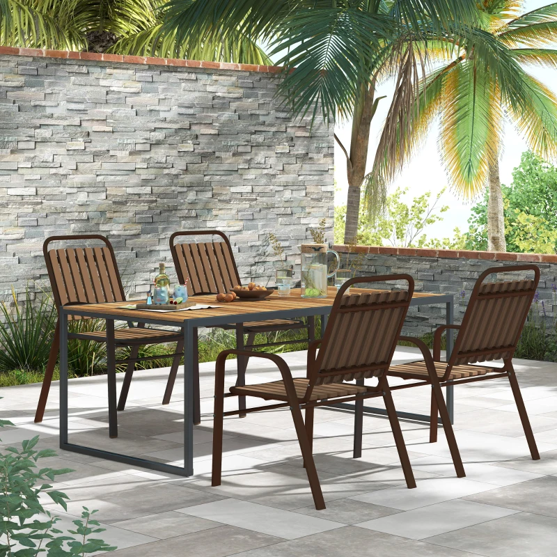 Outsunny Set mit 4 stapelbaren Gartenstühlen, hohe Rückenlehne und Armlehnen, aus Stahl und PP, 56x66x91 cm, Dunkelbraun
