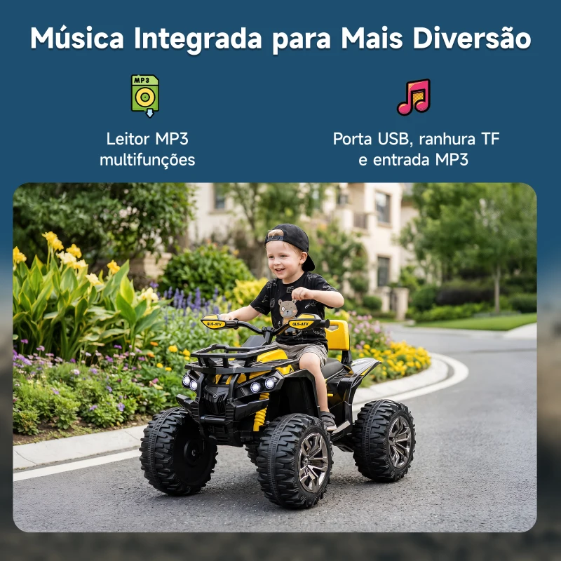 HOMCOM Quadriciclo Elétrico 12V com Farol Música Pneus Suspensão Botões Avance Retrocesso 3-5 Anos Amarelo 100x65x73cm