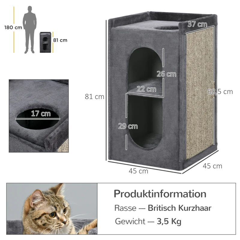 PawHut Tonel arranhador com 2 tocas para gatos, 1 superfície de repouso, tapete de arranhão em sisal, pelúcia, Cinza + Natural