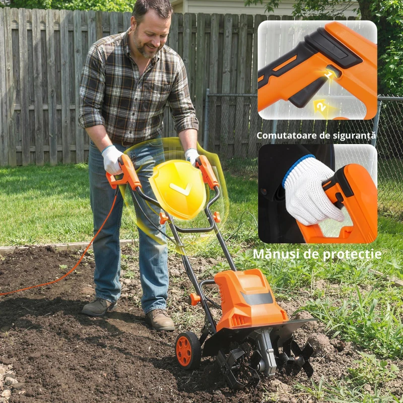 Outsunny Motobineusă electrică 1500W cu mâner pliabil, lățime de lucru 40 cm, adâncime de arat 9 cm, 6 lame, portocaliu