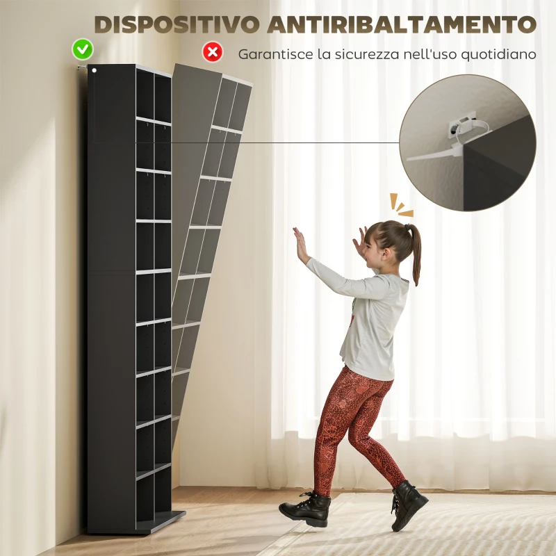 HOMCOM Scaffale Porta CD con 14 Ripiani Regolabili, Capacità di 640 CD/360 DVD, 78.5x24x175 cm, Nero