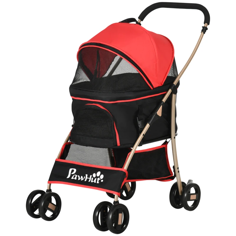 PawHut 2-em-1 Buggy para cães Trolley para cães, dobrável, 1 cesto, 1 bolsa, 82 cm x 49,5 cm x 98 cm, Vermelho