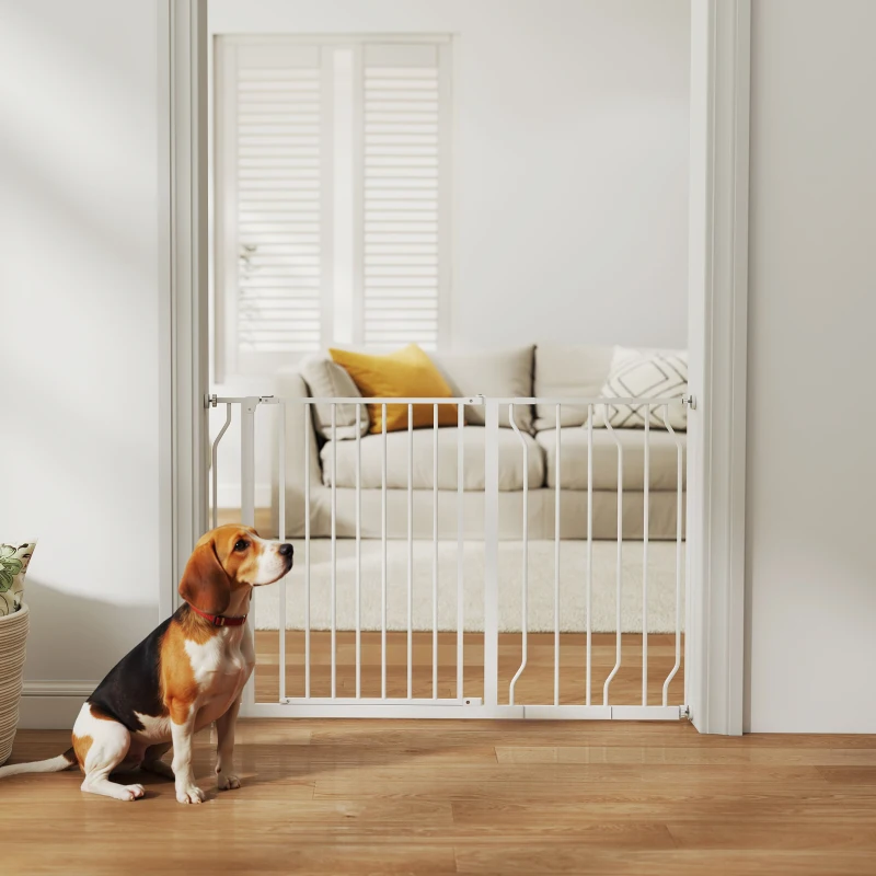 PawHut Barrera de Seguridad para Perros Extensible 75-115 cm para Puertas y Escaleras Puerta de Seguridad Apertura en Dos Sentidos y Solo una Mano Extensiones Montaje a Presión y Doble Bloqueo Blanco