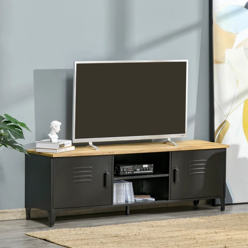 HOMCOM Meuble TV Banc TV pour téléviseurs de 55'' avec 2 Placards Pieds Réglables Cadre métalique noir Plateau en Bois Naturel 150 x 40 x 50 cm(m-10)