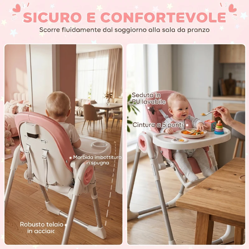 AIYAPLAY Seggiolone Pappa Pieghevole per Bambini 6-36 Mesi con Altezza Regolabile, Doppio Vassoio Lavabile, Ruote, Rosa