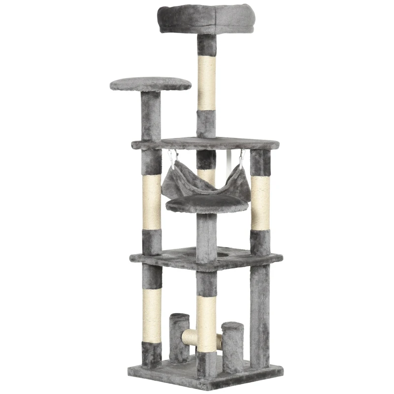 PawHut Arranhador para Gatos Torre de Brincar Árvore de Escalada Rede Cinza L40 x B40 x H132 cm