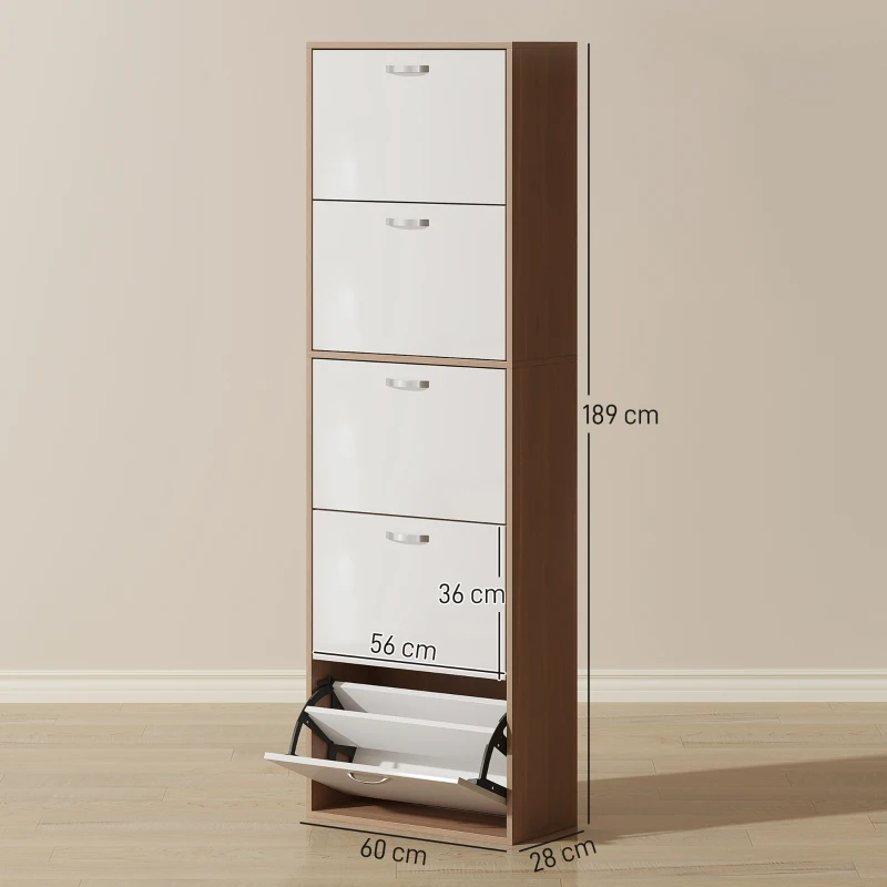 HOMCOM Schuhschrank Schuhmöbel 5 Klapptüren Zweifarbig Weiß/Dunkelbraun Holzoptik