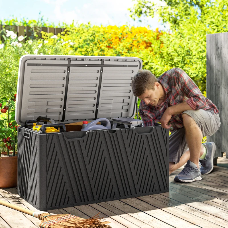 Outsunny Aufbewahrungsbank 380 L aus HDPE mit 2 seitlichen Griffen und Gasfeder, 115x60x60 cm, Schwarz und Grau