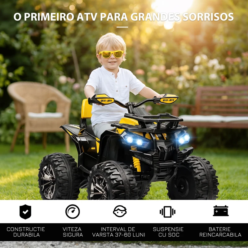 HOMCOM Quadriciclo Elétrico 12V com Farol Música Pneus Suspensão Botões Avance Retrocesso 3-5 Anos Amarelo 100x65x73cm