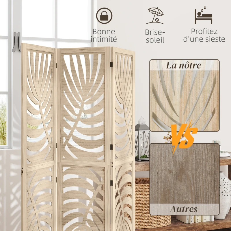 HOMCOM Paravent interieur en bois 3 panneaux 120 x 170 cm, pliable et portable, motif de feuille, design amovible, bois naturel