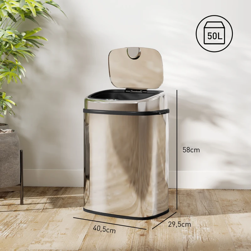 HOMCOM Pattumiera con Sensore a Infrarossi da 50L in Acciaio Inox con 2 Modalità di Apertura, Argento