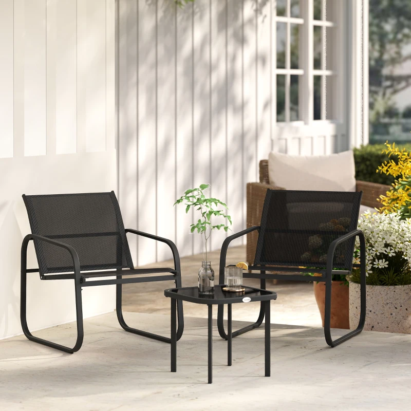 Outsunny 3-teiliges Bistro-Garten-Set mit 2 Textilene-Stühlen und Niedrigtisch mit Einscheibensicherheitsglas, schwarz