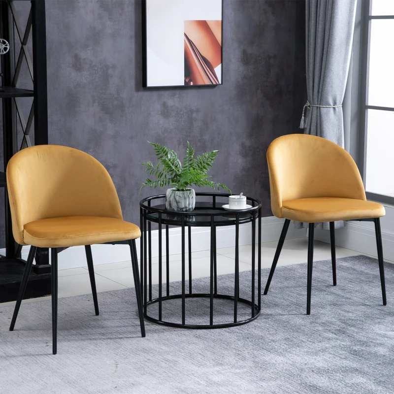 HOMCOM Set di 2 Sedie per Sala da Pranzo e Cucina Imbottite in Velluto, 49x50x77cm, Giallo