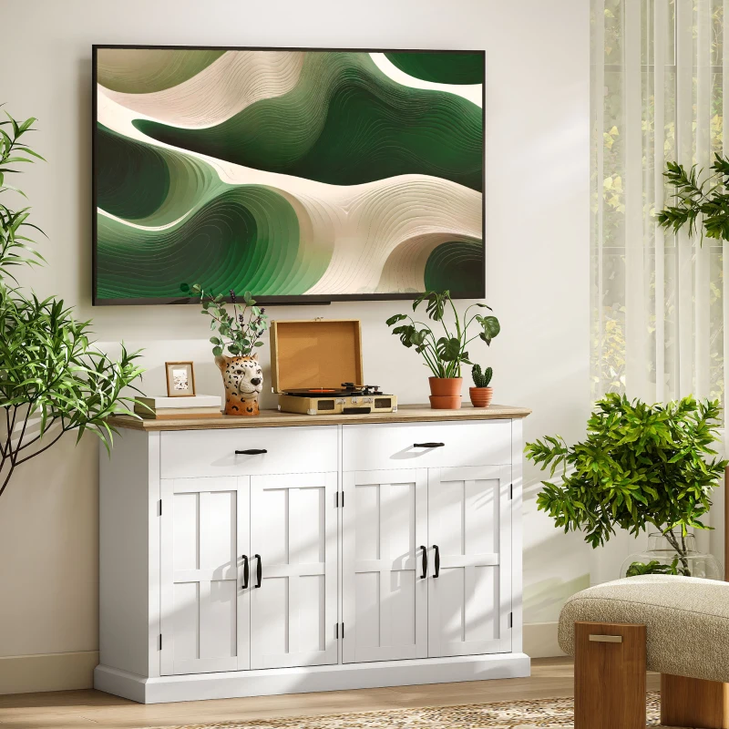 HOMCOM Sideboard mit USB-Anschluss und Mehrfachsteckdose TV-Möbel mit 2 Schränken mit Scheunentüren, 2 Schubladen und verstellbaren Regalen, weiß