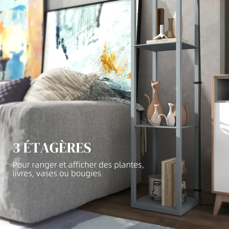 HOMCOM Lampadaire avec étagères, lampadaire sur pied de salon 3 niveaux, interrupteur à tirette 26 x 26 x 160 cm, gris et blanc