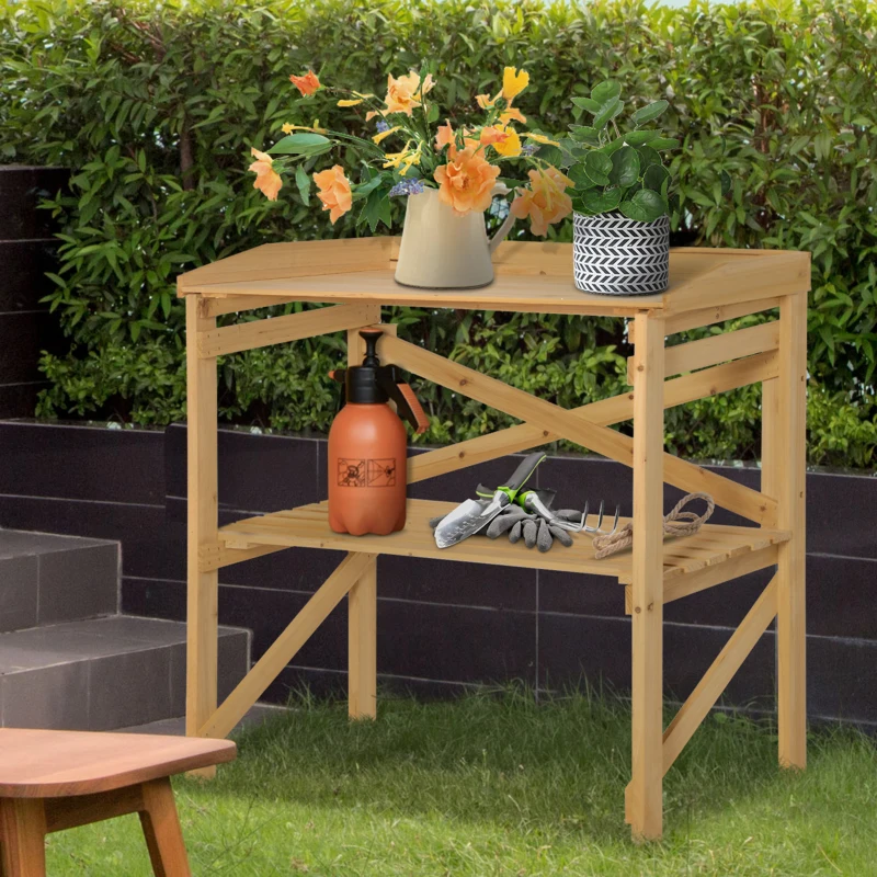 Outsunny Mesa de Cultivo com Prateleira Mesa de Flores Bancada de Jardinagem Jardim Madeira Castanho Claro 80 x 40 x 84 cm