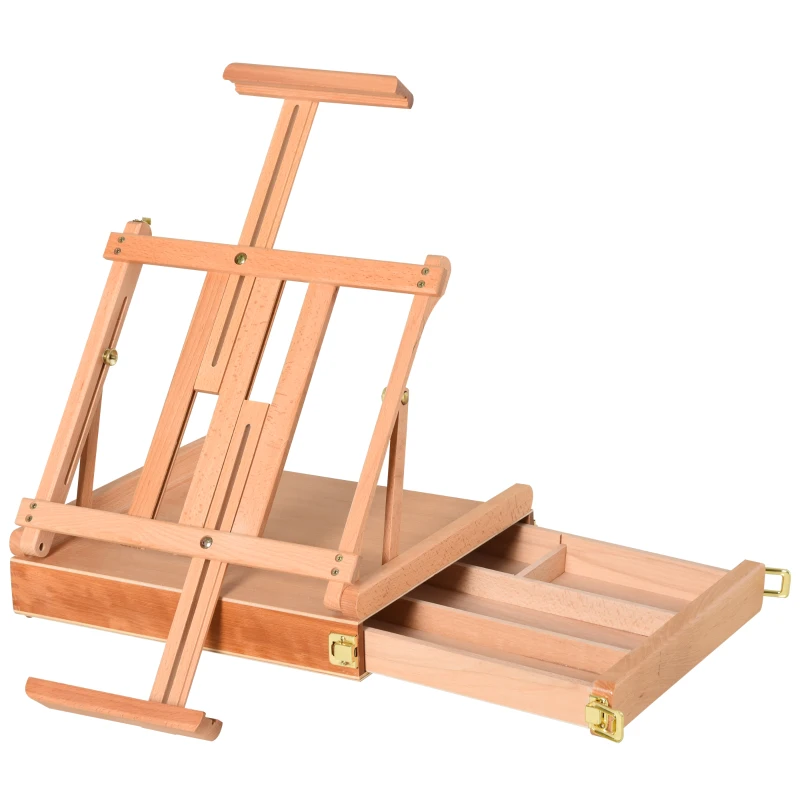 HOMCOM Cavalete de Mesa, Cavalete com Ajuste de Ângulo e Alça, Cavalete tipo Estojo para Pintura & Desenho, Cavalete de Estúdio Dobrável com Gaveta, Madeira de faia, Natural