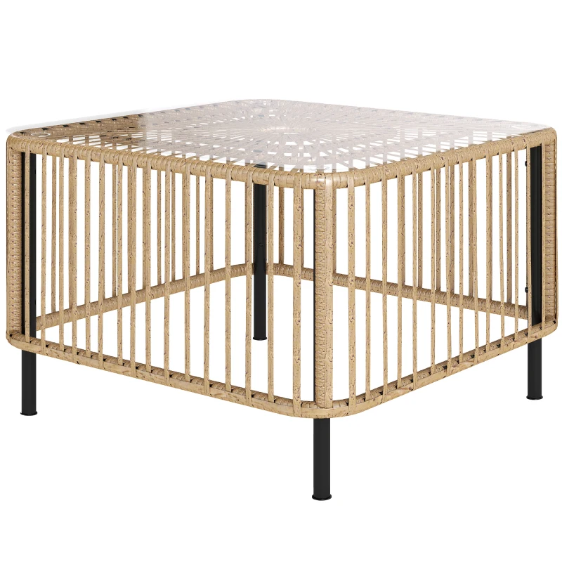 Outsunny Mesa de jardim em Polyrattan, 65 x 65 x 43 cm, resistente às intempéries Mesa lateral quadrada com tampo de vidro Madeira natural