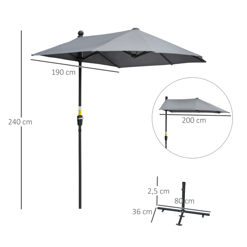 Outsunny Guarda-sol Semicircular 1,9 x 2 m Guarda-sol Duplo com Manivela Base Guarda-sol Guarda-sol de Jardim para Terraços e Pátios Cinza escuro