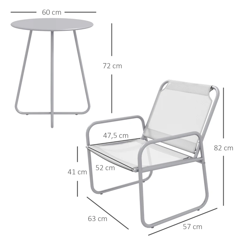 Outsunny Conjunto de móveis de jardim 3 peças, 2 cadeiras com revestimento em tecido respirável, 1 mesa redonda Ø60 cm, cinza claro