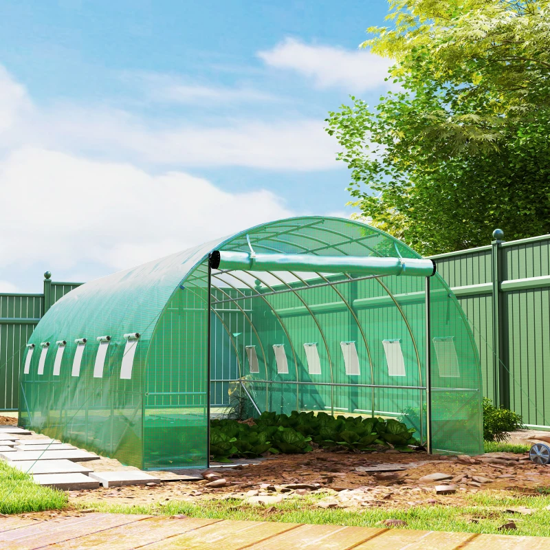 Outsunny Estufa polytunnel com cobertura plástica e estrutura de aço, tenda de estufa passável com portas enroláveis, Verde