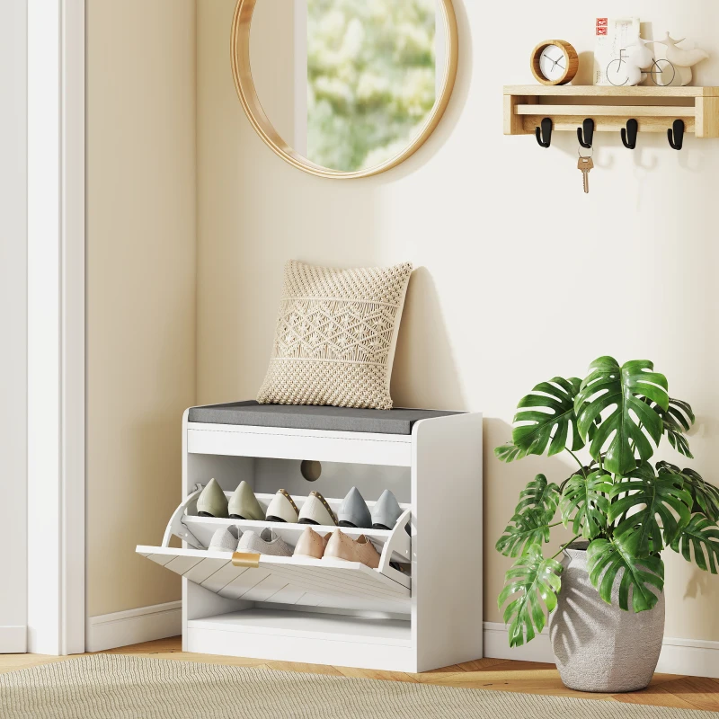 HOMCOM Shoe Storage with Seat, Upholstered Entryway Bench, Shoe Bench with 1 Flip Drawer and 4 Vents for 5 Pairs of Shoes