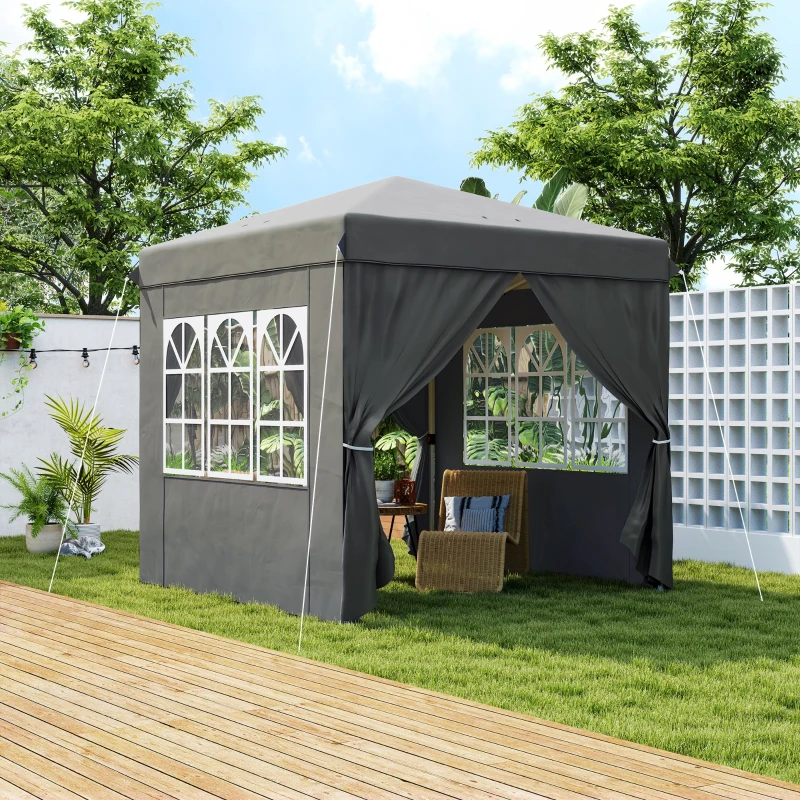 Outsunny 2,5 x 2,5 m Pavilhão pop-up com paredes laterais e bolsa de transporte, UPF50+ tenda de jardim com altura ajustável, Cinzento escuro