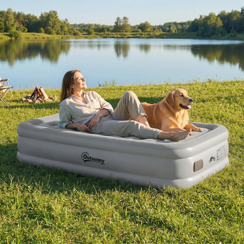 Outsunny Colchón Hinchable Individual Plegable con Bomba Inflado 3 Min Desinflado 2 Min Bolsa Carga 200 kg 190x97x39 cm Gris