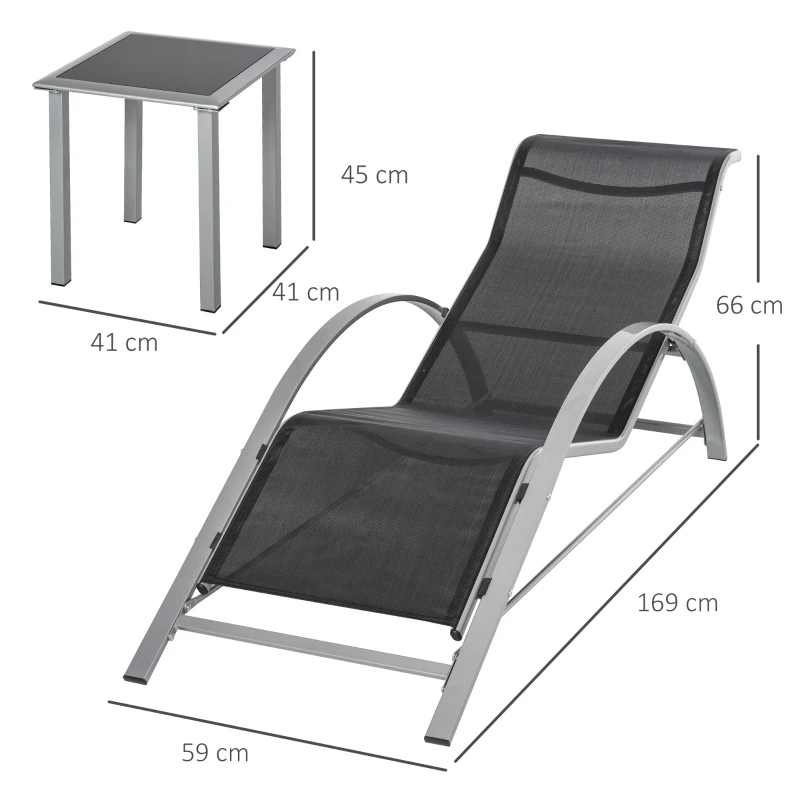 Outsunny Conjunto de espreguiçadeiras em metal com malha 3 peças. Espreguiçadeira com mesa lateral Conjunto de jardim com 2 espreguiçadeiras, 1 mesa lateral Conjunto de assentos para jardim, varanda 59B x 169T x 66H cm Preto+Prata