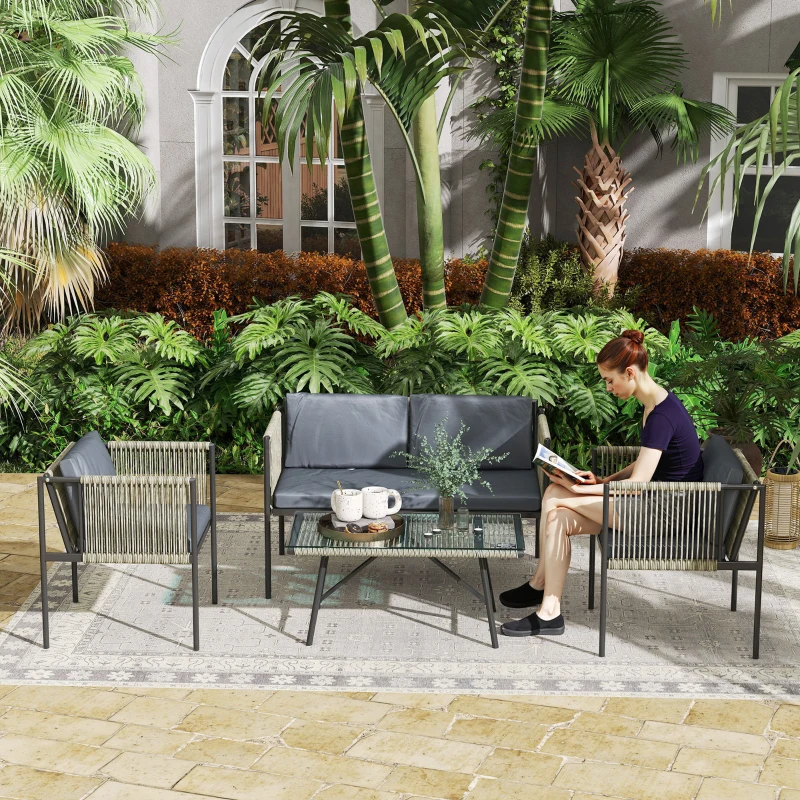 Outsunny Conjunto de móveis de jardim 4 peças, 1 sofá, 2 poltronas, 1 mesa com tampo de vidro, almofadas, estrutura em aço, rattan sintético, cinza