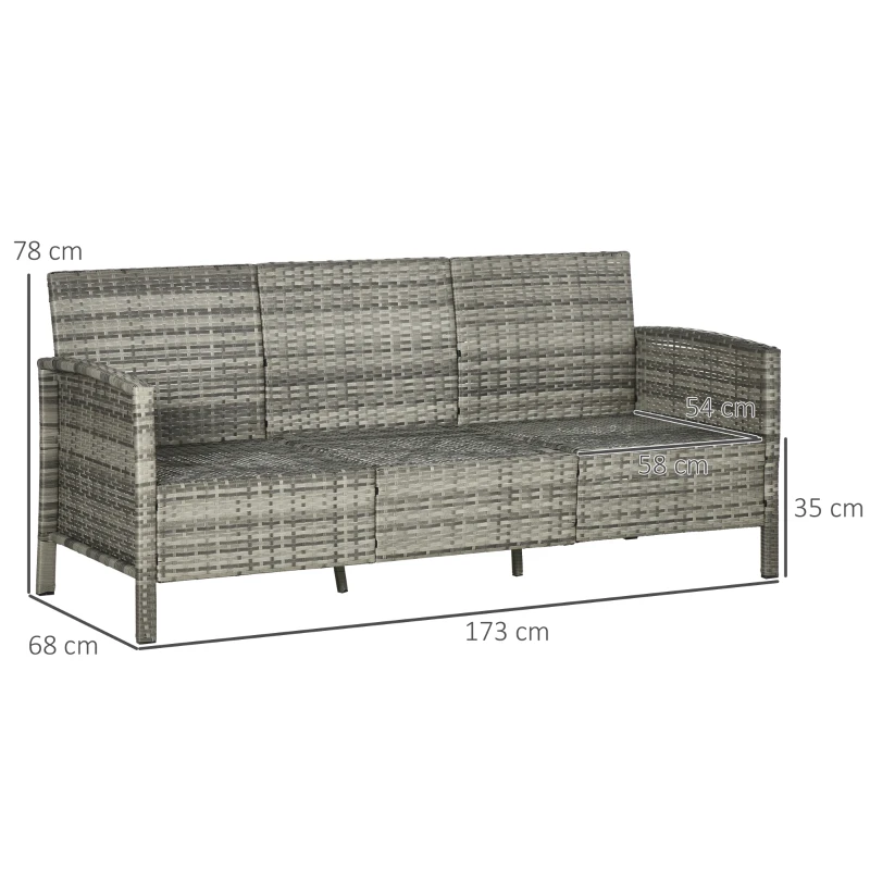 Outsunny Sofá de Rattan com Almofadas 3 Lugares Sofá Lounge para Jardim Aço Cinza 173x68x78 cm
