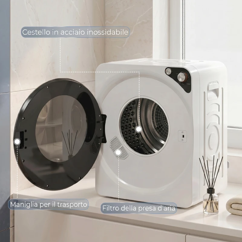 HOMCOM Asciugatrice Portatile da 1000W con 5 Programmi e Timer, in PCM e Acciaio Inox, 49x43x61 cm, Bianco
