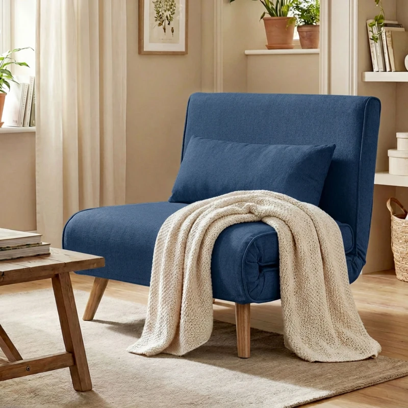 HOMCOM Sofá Cama Individual Plegable con Respaldo Ajustable 5 Posiciones Sillón Cama Tapizado con Cojín 72x75x85 cm Azul