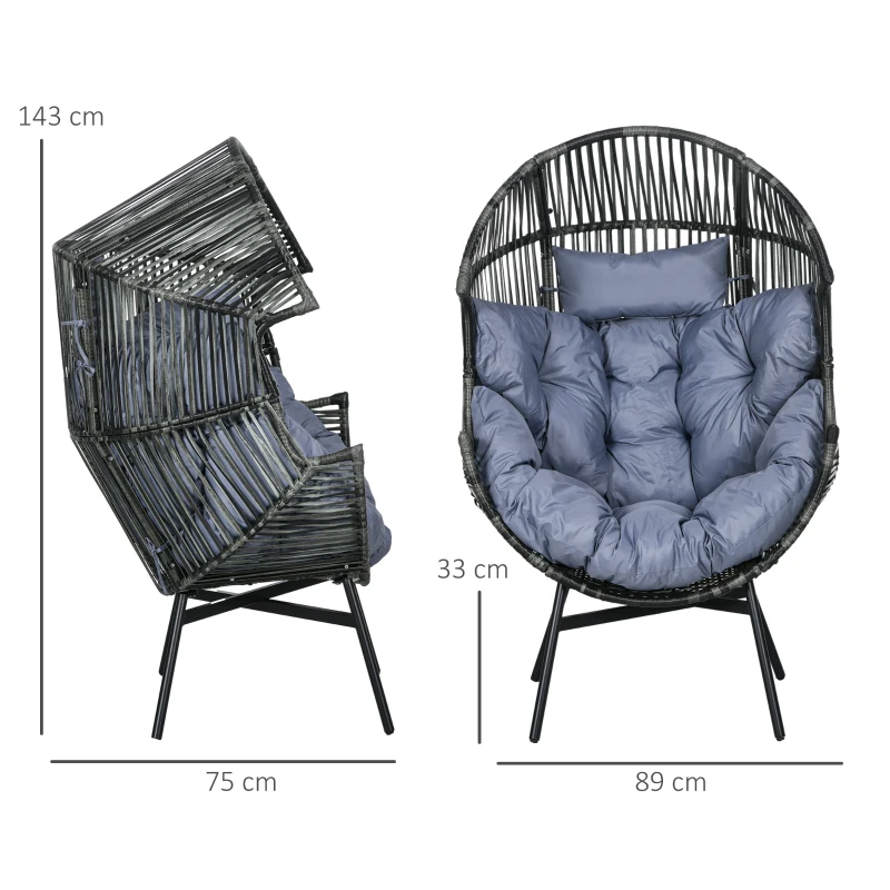 Outsunny Poltrona de rattan Cadeira exterior Cadeira de jardim, PE-Rattan, 89 cm x 75 cm x 143 cm, Cinza+Preto