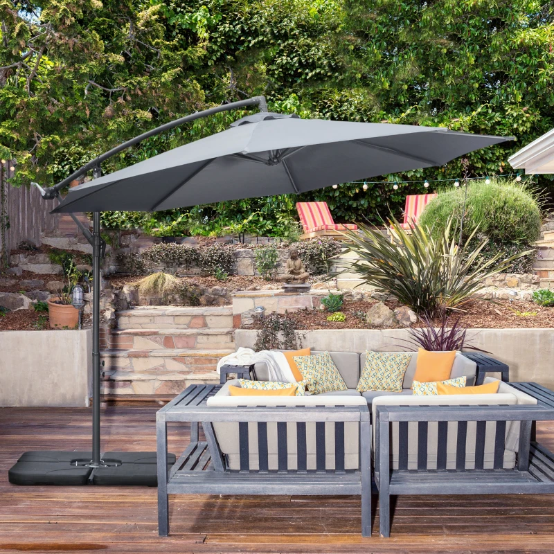 Outsunny Guarda-sol suspenso, guarda-sol de jardim, inclui base em cruz, resistente às intempéries, 292 cm x 292 cm x 247 cm, cinza