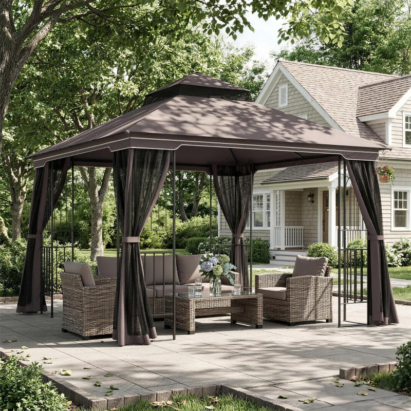 Outsunny Gazebo da Giardino 3x3m con Zanzariera e Tetto a 2 Livelli, Mensole Laterali e Ganci, Caffè