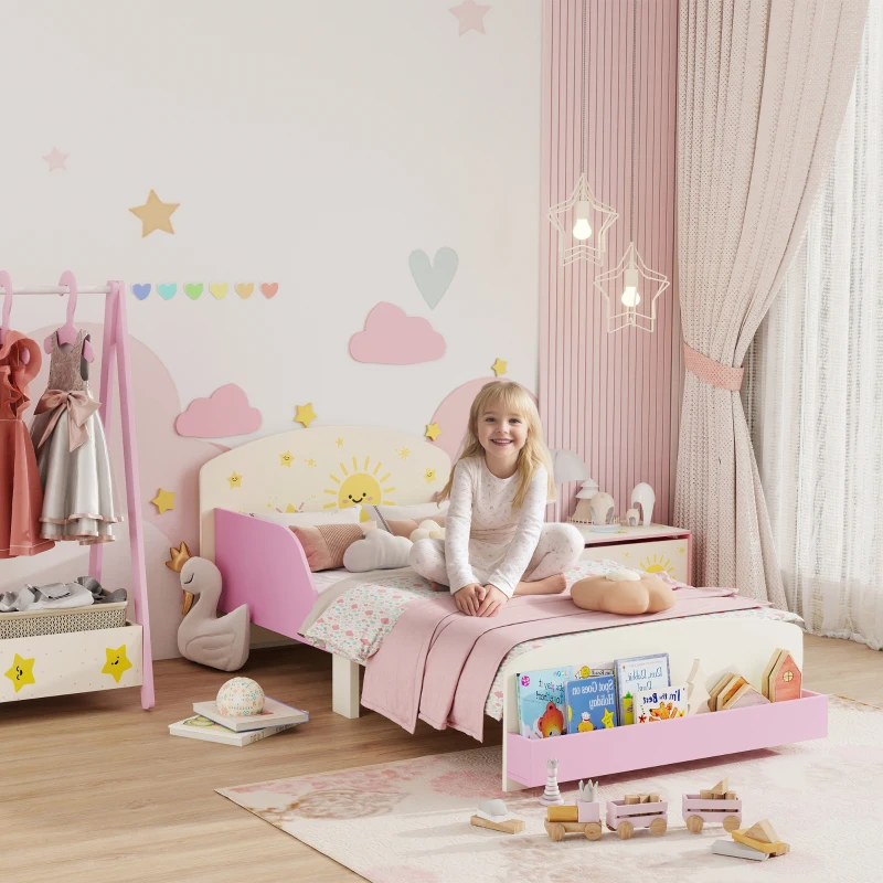 AIYAPLAY Lit enfant 70 x 140 cm, lit pour enfant avec barriere de securite et sommier à lattes, espace de rangement, rose