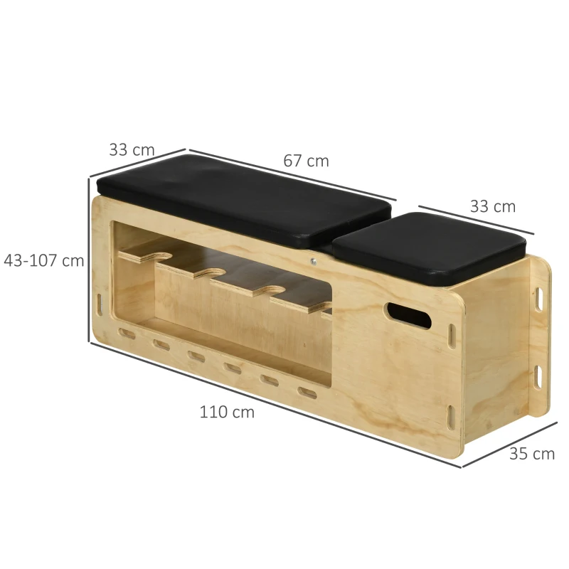 HOMCOM Banco de halteres com suporte para halteres, 1 cesta de armazenamento, ajustável em 6 posições, madeira maciça, Natural + Preto