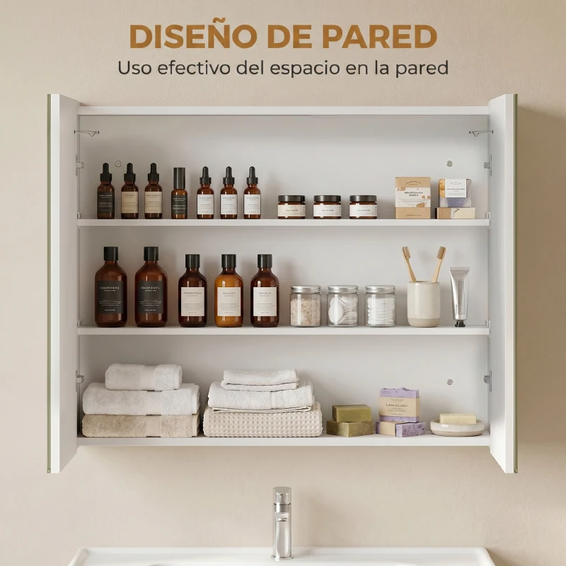 kleankin Mueble de Baño con Espejo Estantes Ajustables Interruptor Táctil y Color de Luz Ajustable 80x15x65 cm Blanco Brillante
