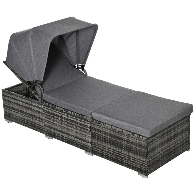 Outsunny Espreguiçadeira em Polyrattan com Toldo Espreguiçadeira de Jardim Ajustável Espreguiçadeira de Rattan Móveis de Jardim Espreguiçadeira com Almofada Cinza 195 x 65 x 40 cm