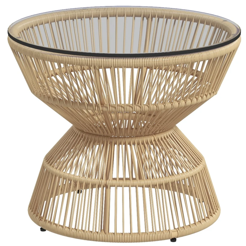 Outsunny Mesa Lateral Exterior Mesa de Jardim Rattan, Tampo de Vidro, PE-Rattan, 60 cm x 60 cm x 50 cm, Madeira Natural