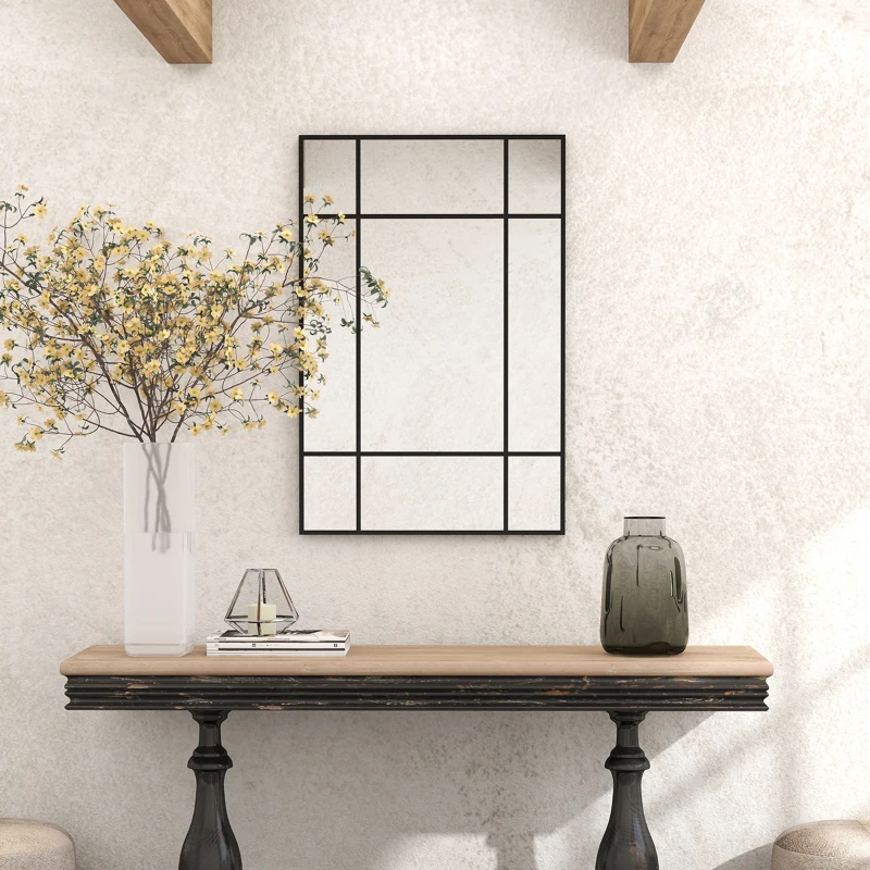 HOMCOM Miroir mural verrière rectangulaire style fenêtre, horizontal ou vertical avec 4 crochets, en métal noir - 90x60 cm