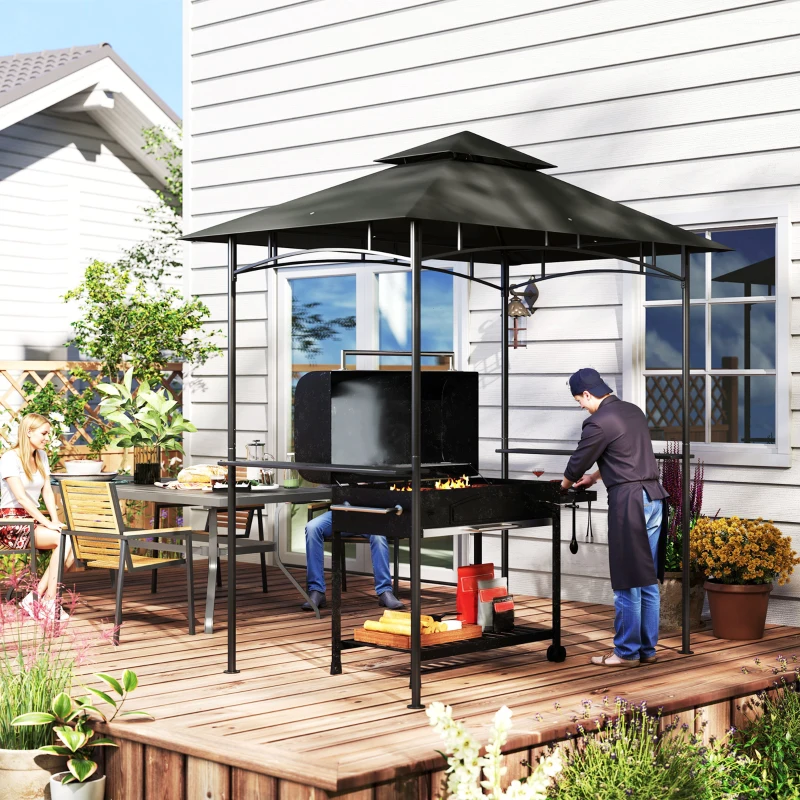 Outsunny Pavilhão para churrasco com LED 240 x 150 x 258 cm resistente à água retardante de chama Pavilhão de jardim com dossel de dupla camada