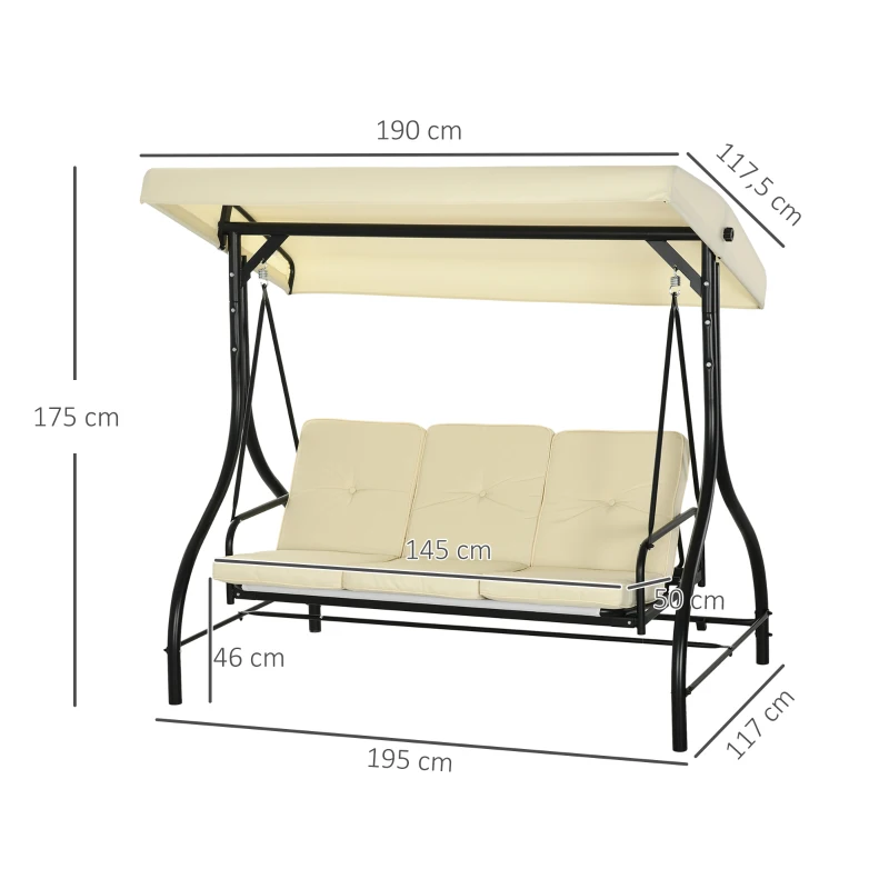 Outsunny Banco balançante, balanço estilo Hollywood com proteção solar, balanço de jardim, balanço para varanda, 3 lugares, cama balançante