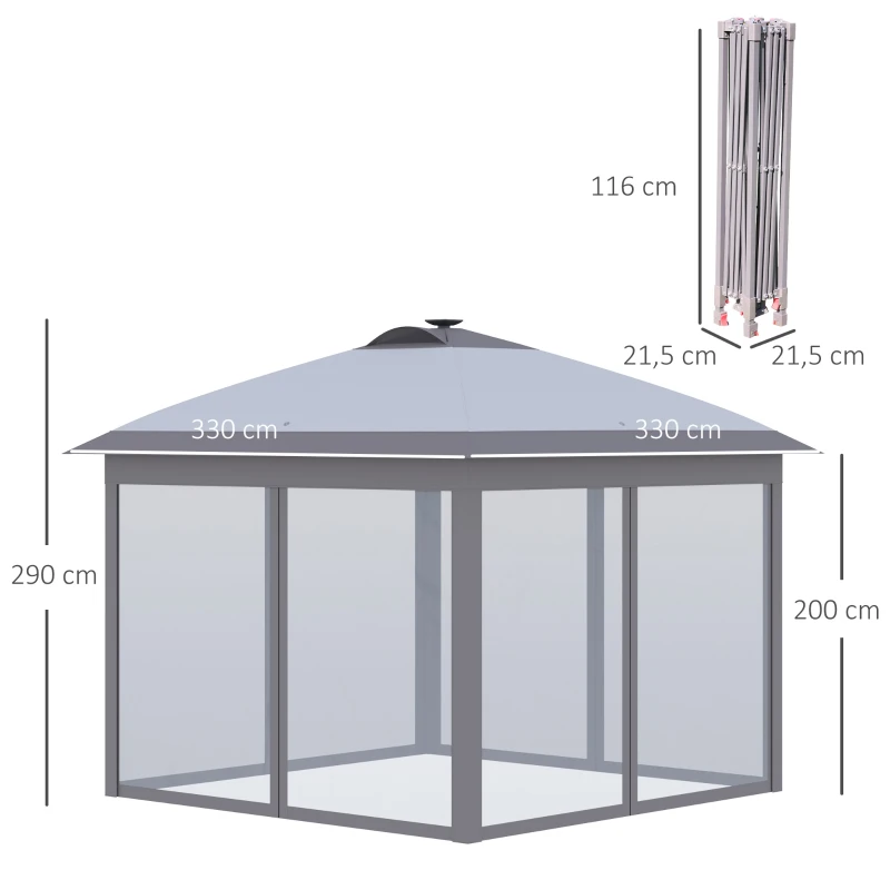 Outsunny 3,3 x 3,3 m Pavilhão dobrável com iluminação LED, cortinas de malha, bolsa de transporte, Cinza