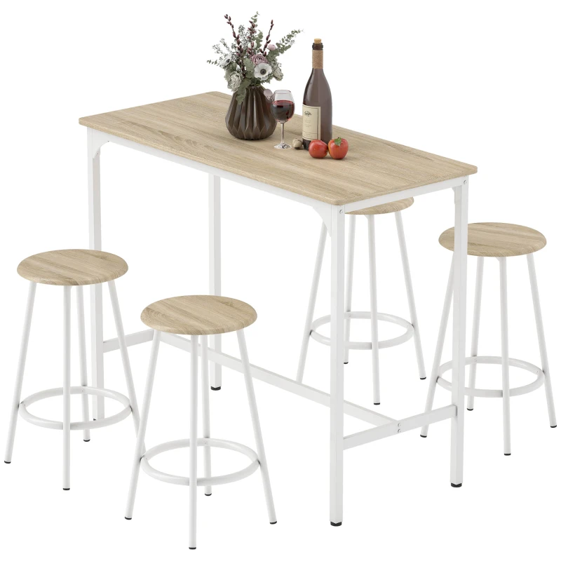 HOMCOM 5 Piece Bar Table Set for 4 with Stools, Metal Frame, Footrest for Kitchen Natural Wood