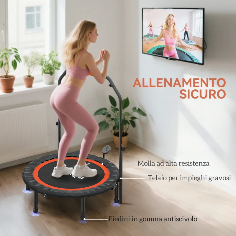 HOMCOM Mini Trampolino Fitness Ø102 cm con Manubrio Regolabile, Trampolino Elastico Pieghevole, Nero