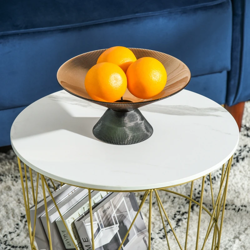 HOMCOM Lot de 2 Tables Basses gigognes - Tables d'appoint Rondes encastrables Style néo-rétro Bicolore Structure métal doré Plateau MDF Aspect marbre Blanc