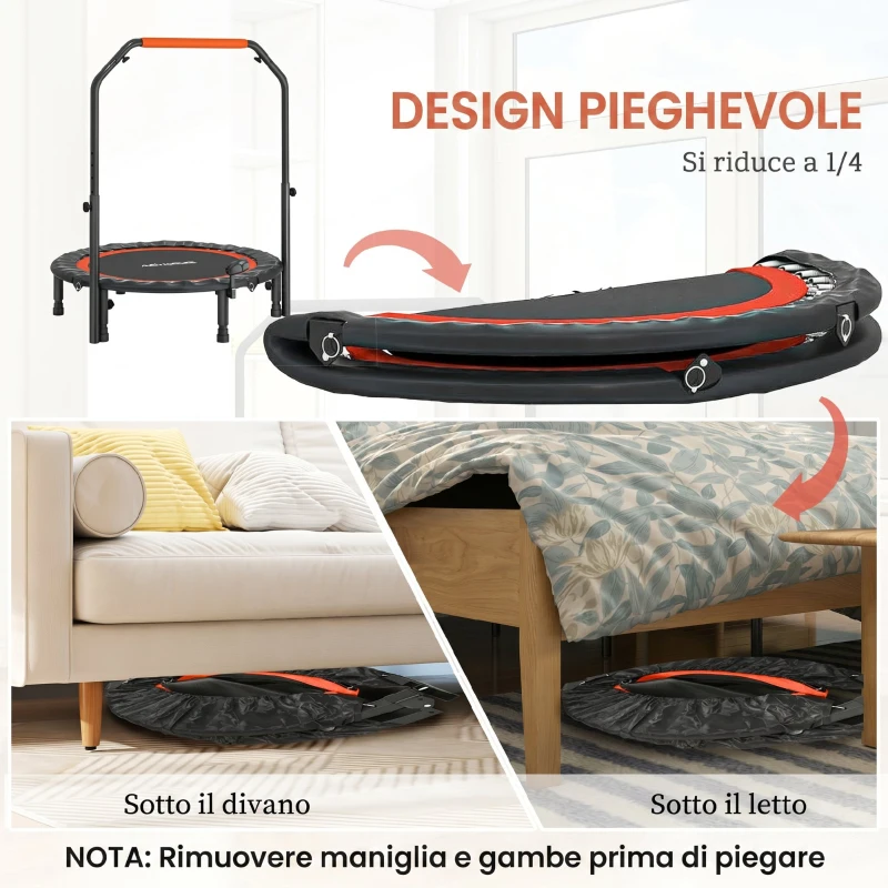HOMCOM Mini Trampolino Fitness Ø102 cm con Manubrio Regolabile, Trampolino Elastico Pieghevole, Nero