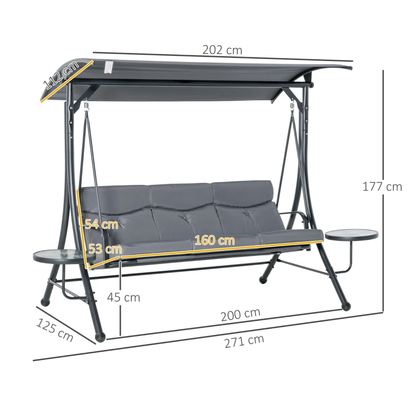 Outsunny Balanço Hollywood com Mesinhas, Balanço de Jardim 3 lugares com Toldo Ajustável 271 x 125 x 172 cm, Cinza